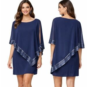 SLNY Navy Blue Chiffon Cape Overlay Cocktail Dress Silver Trim SL111176 size 6